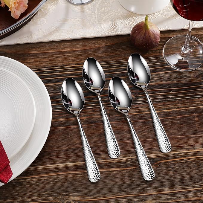 KEAWELL Premium Louise Hammered 4-Piece Spoon Set (7.6" Dinner Spoons)