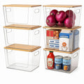 CiWiVOKi 6 Pack Clear Stackable Storage Bins with Bamboo Lids, Trash Bag Holder Dispenser Under Sink Organizer for 4-13 Gal Bags, Plastic Storage Containers for Pantry Bathroom Kitchen Organization