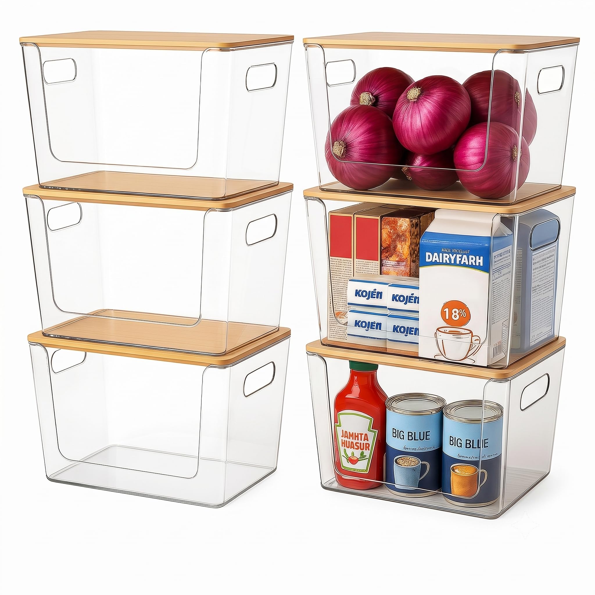 CiWiVOKi 6 Pack Clear Stackable Storage Bins with Bamboo Lids, Trash Bag Holder Dispenser Under Sink Organizer for 4-13 Gal Bags, Plastic Storage Containers for Pantry Bathroom Kitchen Organization