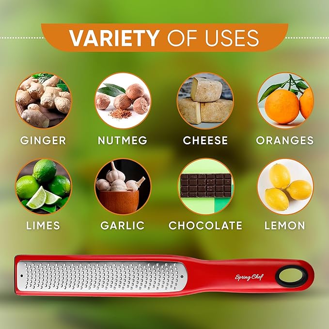 Spring Chef Stainless Steel Lemon Zester - Garlic & Ginger Grater - Red