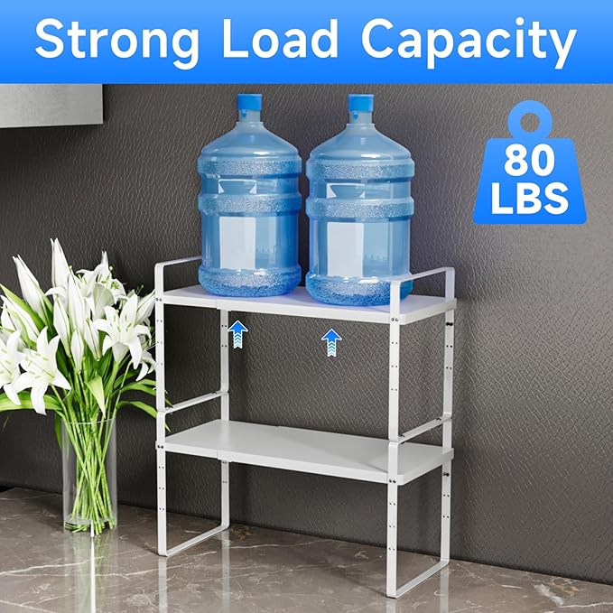 KIKIBRO Expandable Cabinet Shelf Organizer, Stackable Kitchen Pantry Counter Storage, Adjustable Closet Cupboard Stand Rack Risers Spice Organization 80LBS Heavy Duty White Small 1 Pack