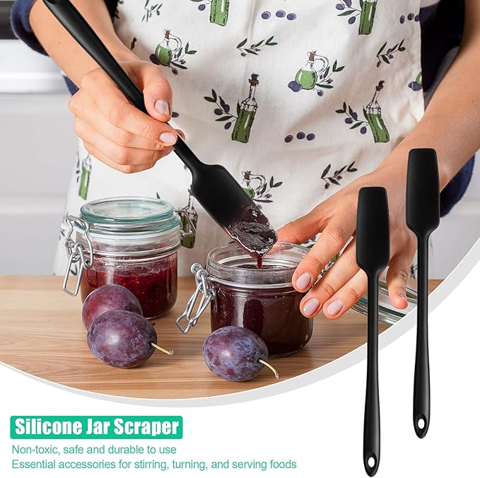 Long Handle Silicone Jar Spatula Kitchen Scraper Spatula Non-Stick Rubber Silicone Scraper for Jars, Smoothies, Blenders Cooking Baking Stirring Mixing(Black,2 Pieces)