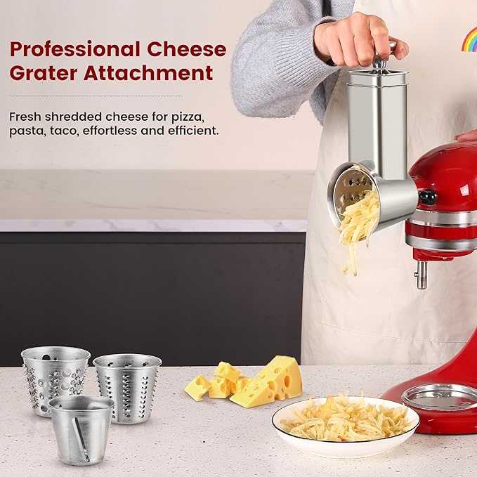 Stainless Steel Slicer Shredder Attachment for KitchenAid Mixers, Dishwasher Safe Cheese Grater Attachment, Food Slicer & Vegetable Shreder Accessory with 4 Blades