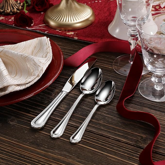 KEAWELL Premium Pearl Edge 20/45/65-Piece Silverware Set (45, Silver)