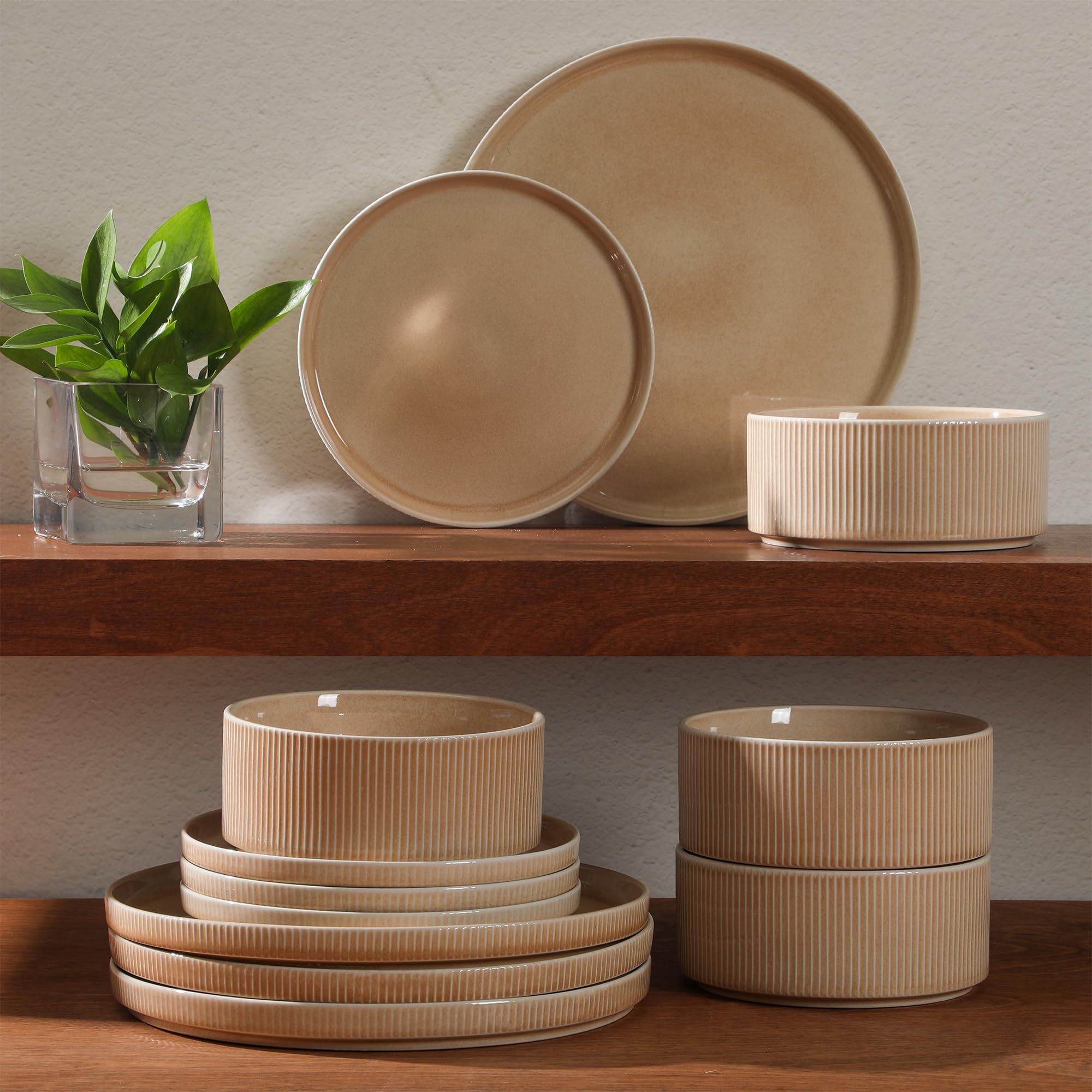 Gibson Elite Solana Coast 12 Piece Stoneware Reactive Glaze (Service for 4) Ceramic Plates and Bowls Modern Shape Embossed Dinnerware Set - Terracotta Orange