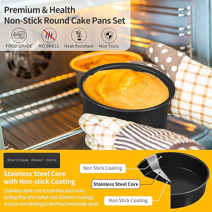 P&P CHEF 4 Inch Cake Pan Set, Non-stick Baking Pans for Cake, 4Pcs