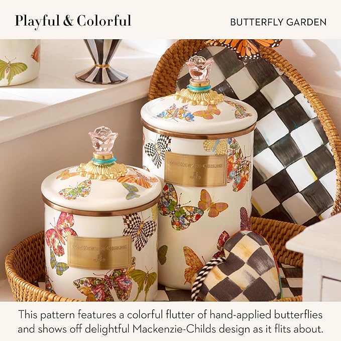 MACKENZIE-CHILDS Enamel Canister, Medium, White Butterfly Garden