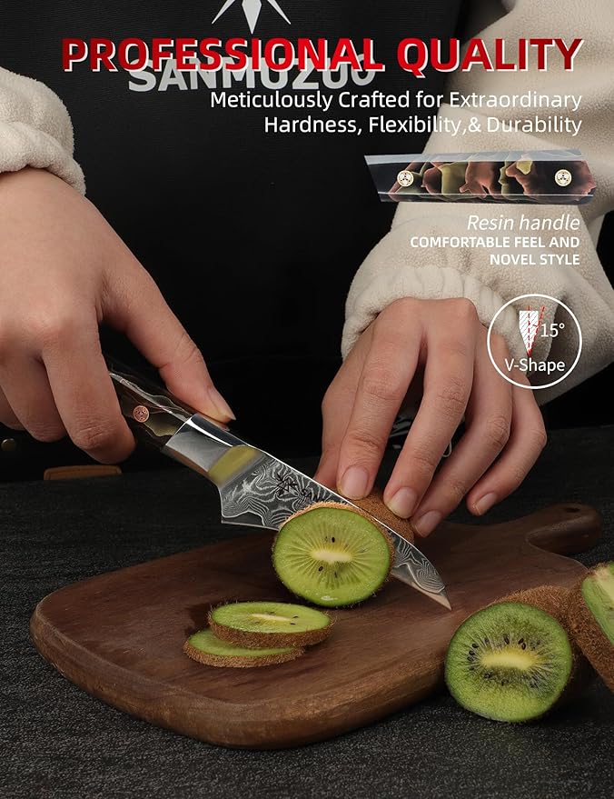 SANMUZUO Bird Beak Paring Knife 3.5 Inch, Professional Kitchen Peeling Knife, Ultra Sharp Damascus Powder Steel with Full-tang Resin Handle, Bi Series