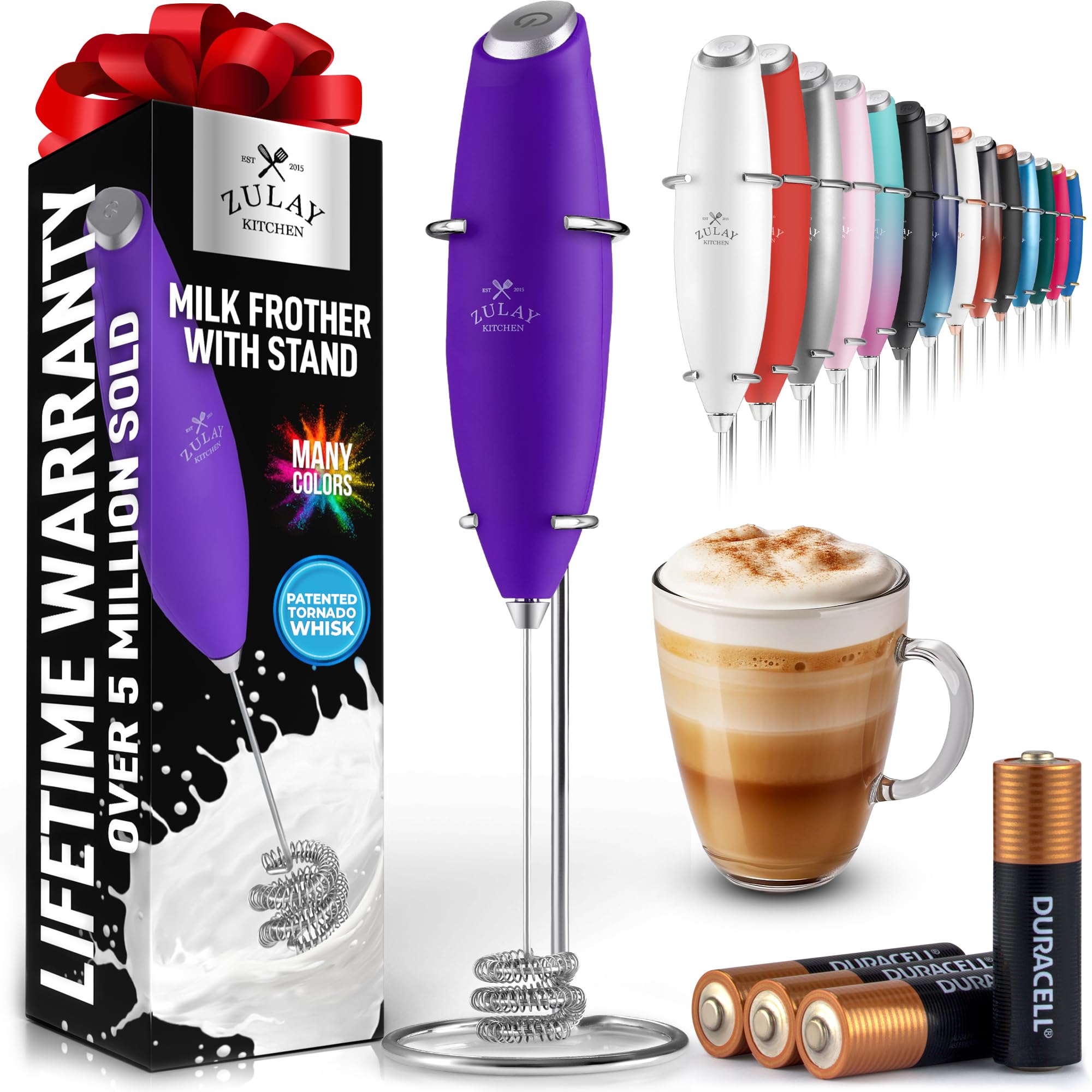 Zulay Kitchen Powerful Milk Frother Wand With Duracell Batteries - Ultra Fast Handheld Drink Mixer - Electric Whisk Foam Maker for Coffee, Lattes, Cappuccino & Matcha - Triple Whisk - Black