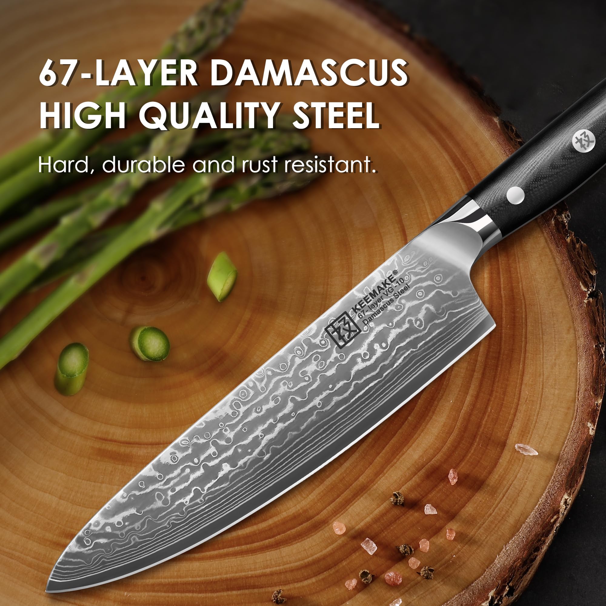 KEEMAKE Damascus Kitchen Knife Set, 2PCS Ultra Sharp 67-Layer Damascus Steel Chef Knife with G10 Non-Slip Handle, Elegant Box for Men Husband