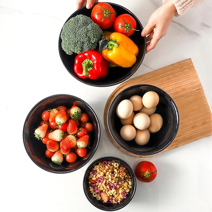 HASENSE Nesting Ceramic Mixing Bowls Set of 4, 2.5/1.5/1.0/0.5 Qt Black & Beige Stoneware Bowls, Farmhouse Bowls for Cooking, Baking, Fruit & Holiday Serving, Dishwasher & Microwave Safe