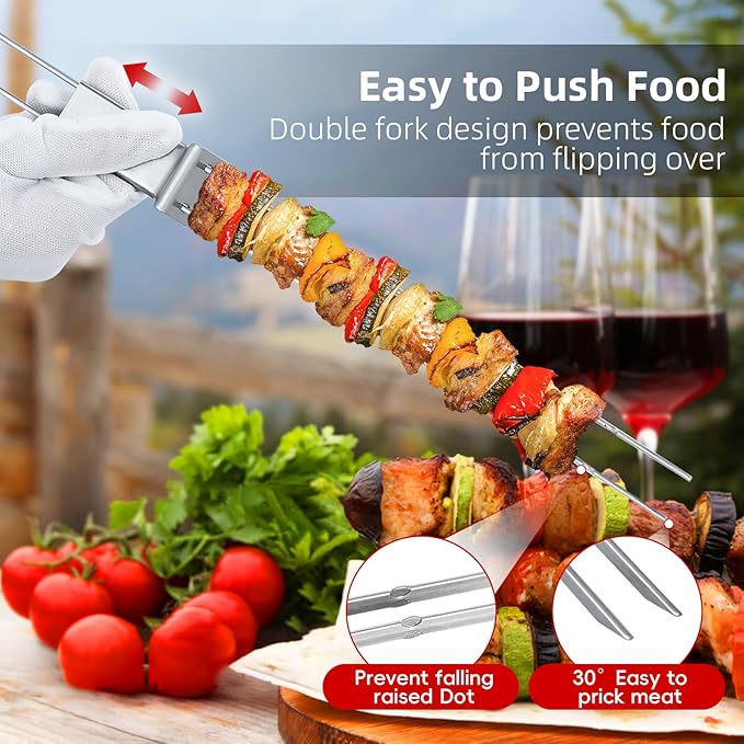 Stainless Steel Skewers for Grilling, 13"（6PCS）Dual-Prong Flat with Slider