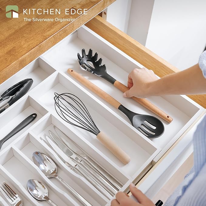 KitchenEdge Silverware & Utensil Drawer Organizer, 16-28 in, White Bamboo