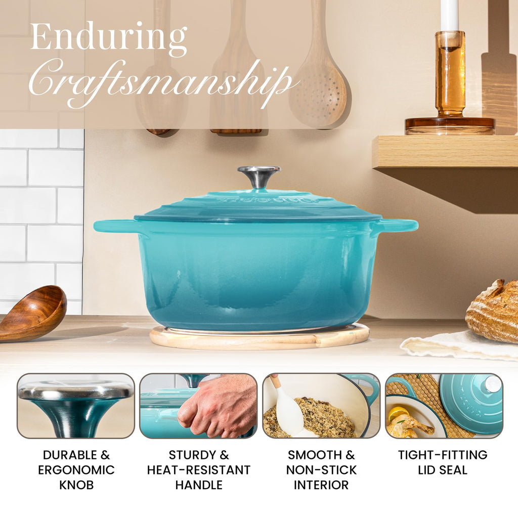 Cast Iron Dutch Oven with Lid - Non-Stick Ovenproof Enamelled Casserole Pot - Sturdy Dutch Oven Cookware - Teal, 5- Quart, 24cm- by Nuovva