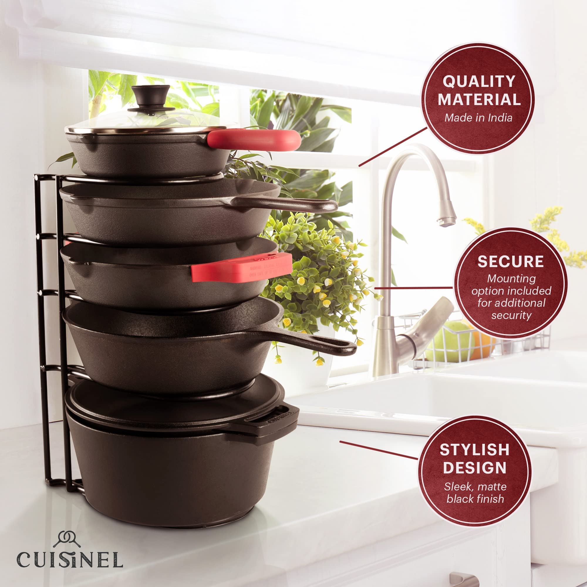 Cuisinel Pan Organizer for Cast Iron, 60-100LB, Extra Large 5-Tier Rack, Matte Black 15.9"