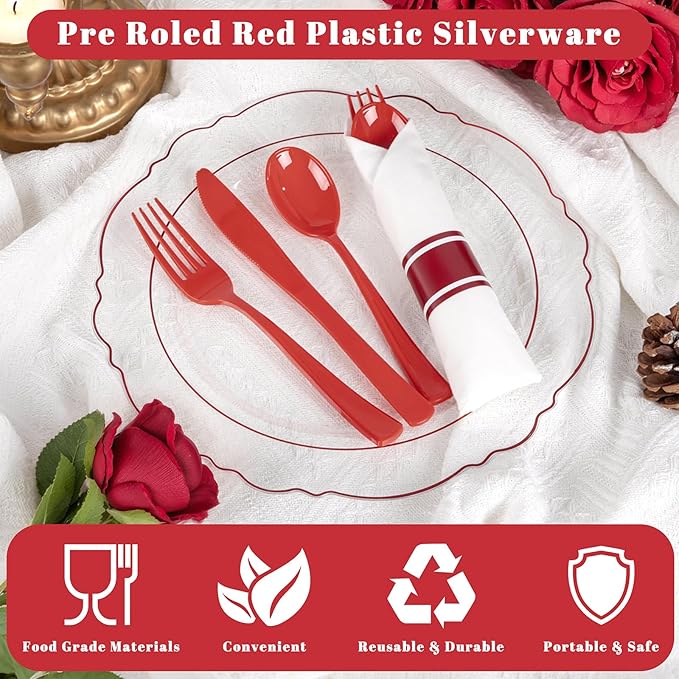 Liacere 400PCS Pre Rolled Red Silverware and Napkin - Disposable Red Plastic Utensils-Wrapped Plastic Cutlery Set with Napkin:100Forks,100Knives,100Spoons,100Napkins for Party & Independence Day
