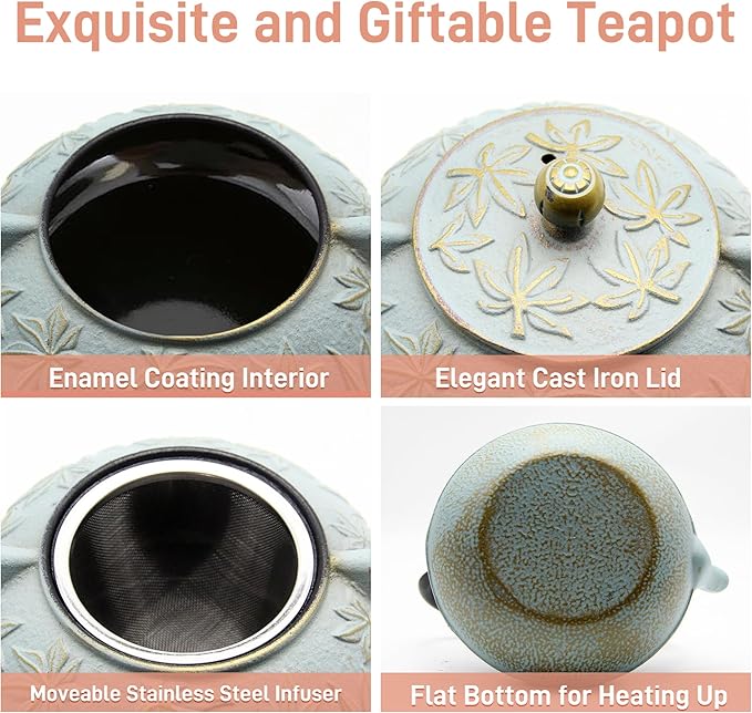 SECHUDO Cast Iron Teapot Tea Kettle with Stainless Steel Infuser for Stovetop Safe Coated with Enameled Interior Japanese Tetsubin with Maple Leaves Pattern(30.4oz/900ml) (Color-5)