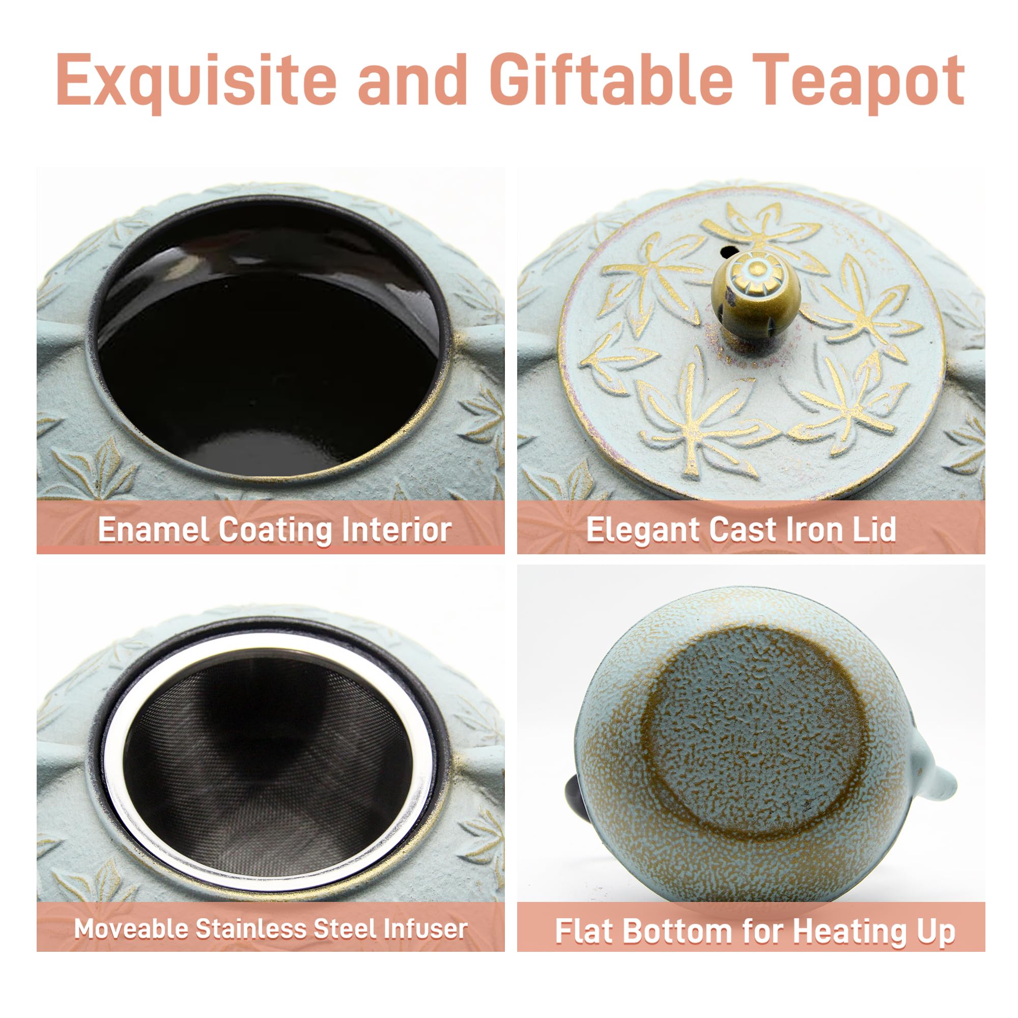 SECHUDO Cast Iron Teapot Tea Kettle with Stainless Steel Infuser for Stovetop Safe Coated with Enameled Interior Japanese Tetsubin with Maple Leaves Pattern(30.4oz/900ml) (Color-5)