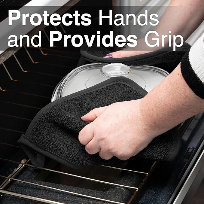 RITZ Terry Potholder & Hot Pad: Unparalleled Heat Resistant, Durable 100% Cotton – Ergonomically Designed for Optimal Grip – Easy-Care Machine Washable – 4-Pack, Black