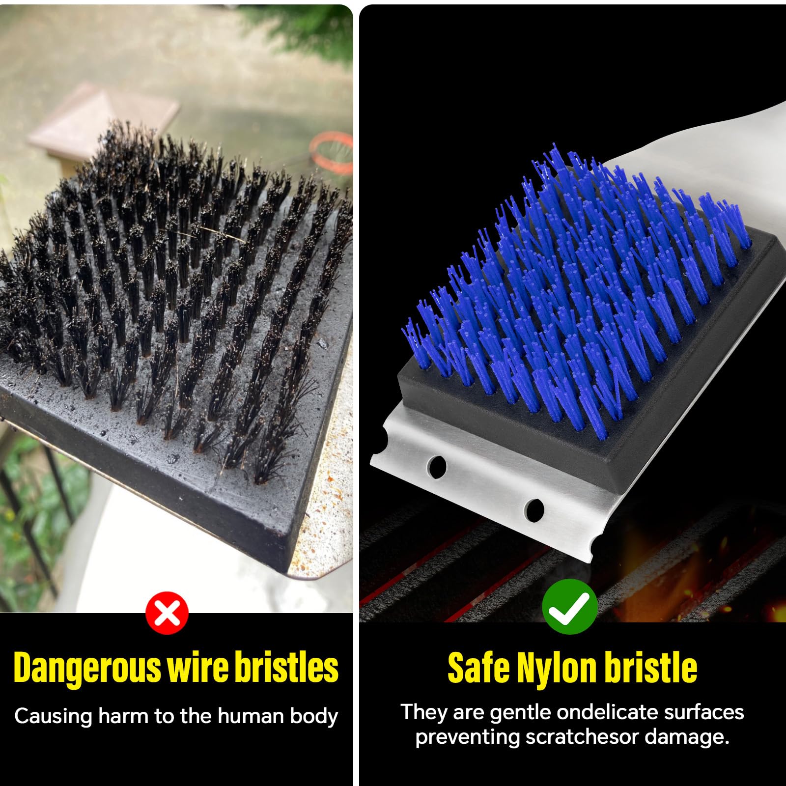 XUDAKAIXIN Grill Brush and Scraper, Dual Grip Design,Extra Strong BBQ Cleaner Accessories,Safe Nylon Bristles Barbecue Triple Scrubbers Cleaning Brush for Cast Iron Grates/Porcelain/Charcoal Grill