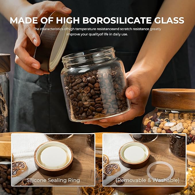 piconesper 1PC Glass Storage Jars with Airtight Lids, 28 fl oz (850ml) coffee container with Wooden Lid, Glass Pantry Canister for Beans, Rice, Sugar and etc