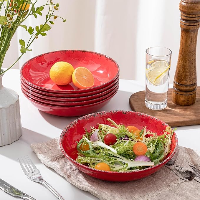 ZAROCRUS Farmhouse Melamine Pasta Bowls Set of 6, 42 OZ Large Serving Bowls Set, 9.25 inch Ramen Bowls,Wide and Shadow Rustic Red Round Dinner Bowl, Fruit bowl, Noodle Bowl, Salad Bowl Set, Red…