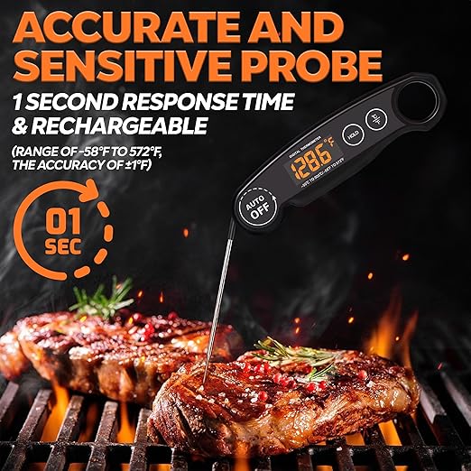 Instant Read Food Thermometer Rechargeable Meat Thermometer Digital Kitchen Thermometer - Fast & Accurate Food Thermometer for Cooking, Grill Thermometer, Birthday Gift for Husband, Dad, Men