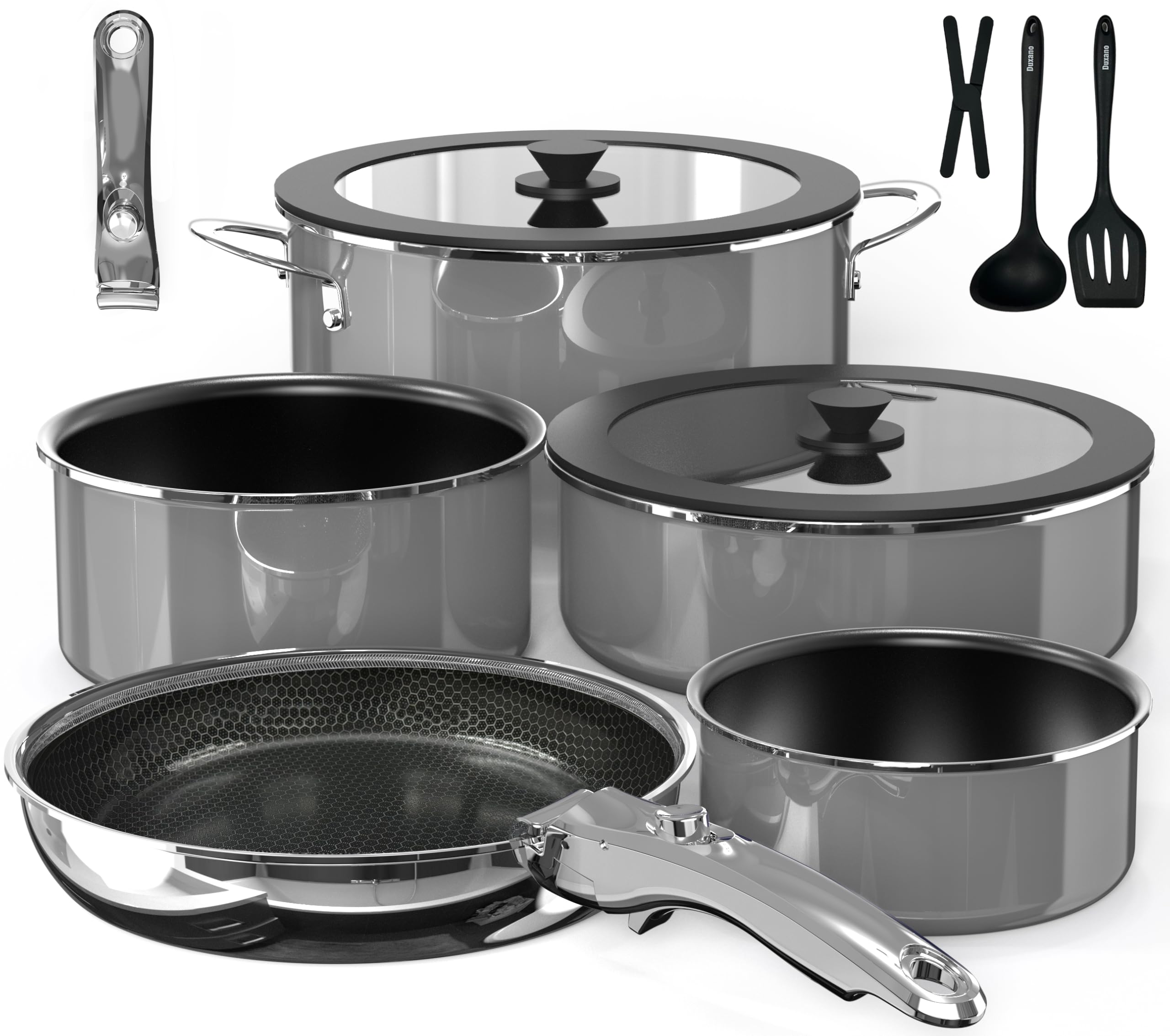 DUXANO Pro Ceramic Pots and Pans Set & 2026 Upgraded Hybrid 3-Ply Frypan, 2X Non Stick, 1.5 & 2QT Saucepans w/Lid, PFAS PTFE PFOA Free Non Toxic Induction Cookware, Removable Handles, Oven Safe, 12PC