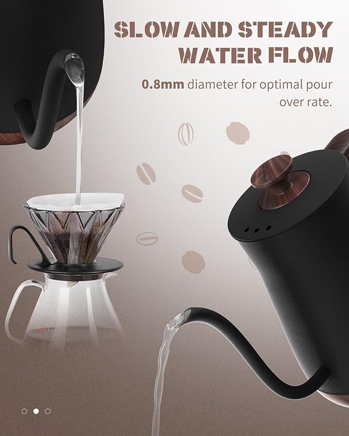Keebar Gooseneck Electric Kettle - Stainless Steel Pour Over with Auto Shut Off, 0.8L Capacity, 1000W Quick Heating, Design with Elegant Handle, Matte Black with Walnut, Manual, (XH-W081-BW)