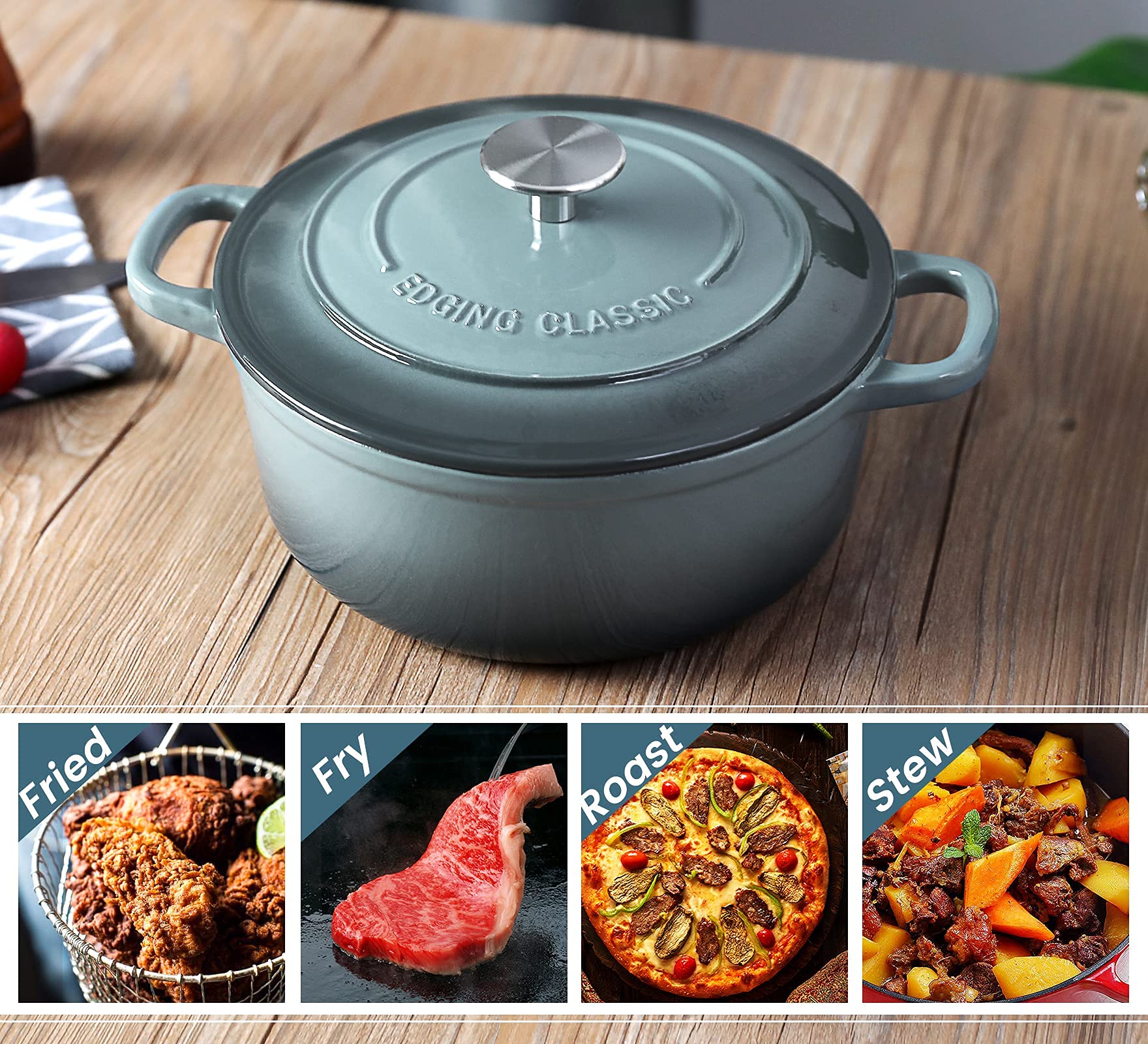 EDGING CASTING Enameled Cast Iron Covered 5.5 Quart Dutch Oven with Dual Handle, Slateblue