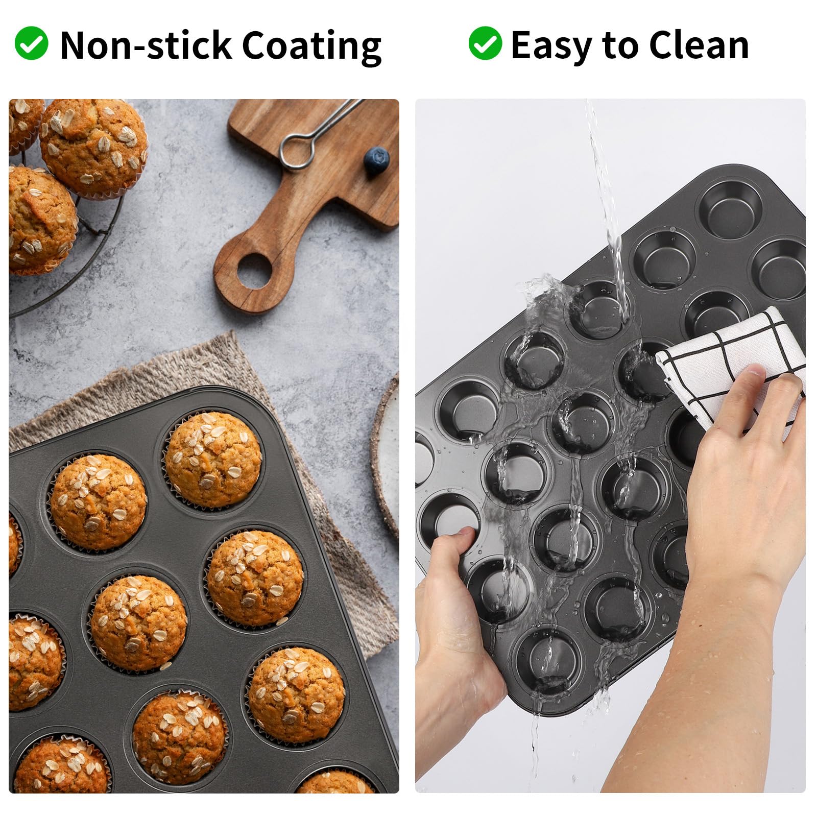 Beasea Nonstick Mini Muffin Pan 24 Cups, 2 Pack 24 Mini Small Tiny Cup Non Stick Muffin Baking Pan Tin Tray Carbon Steel Bakeware Individual Cupcake Baking Pan - Black