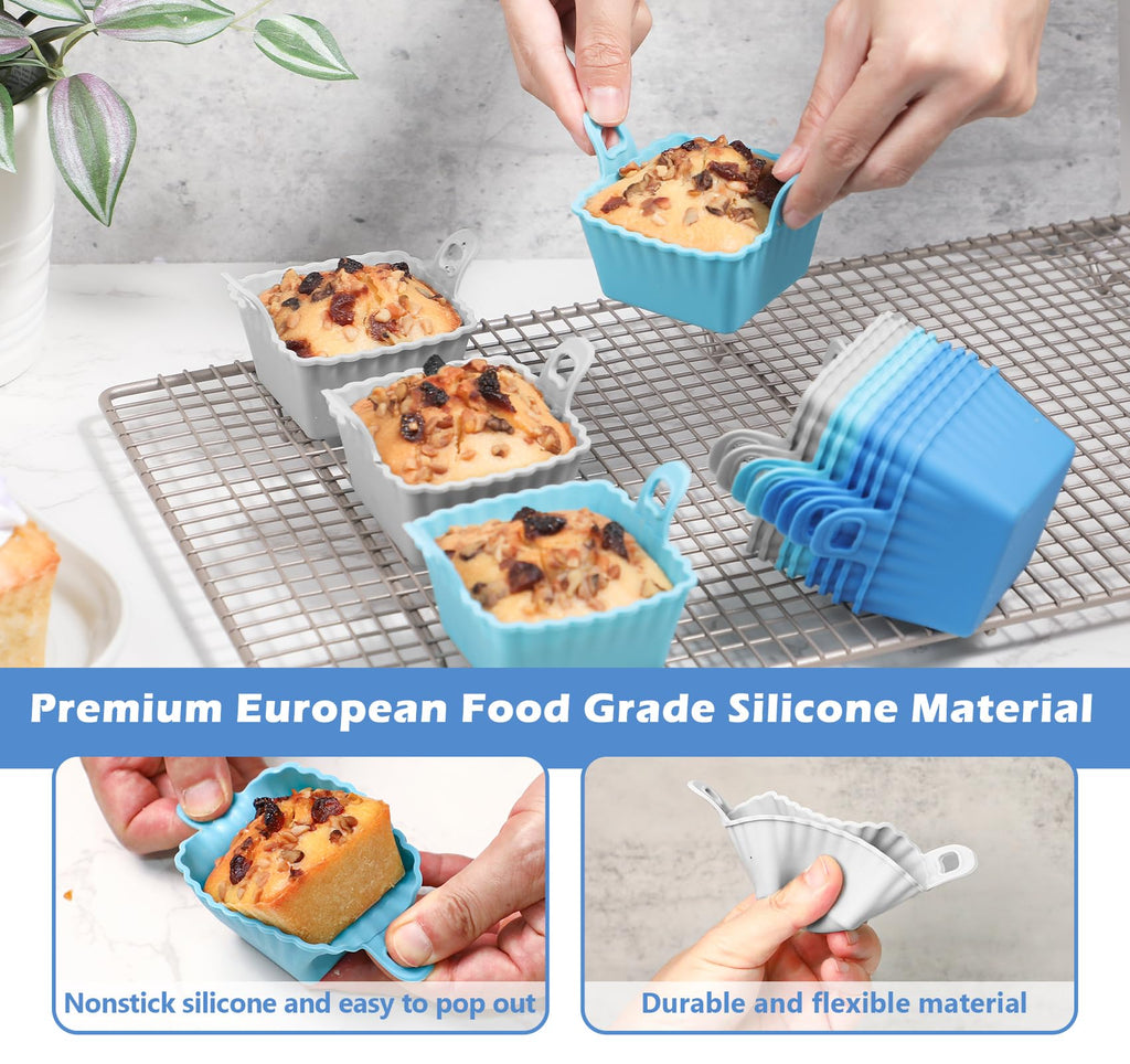 Koluti Reusable Silicone Baking Cups Set of 12, Nonstick Muffin Cupcakes Mold with Double Handle, BPA Free, Mini Square Air Fryer Cupcake Liners, 3 Colors