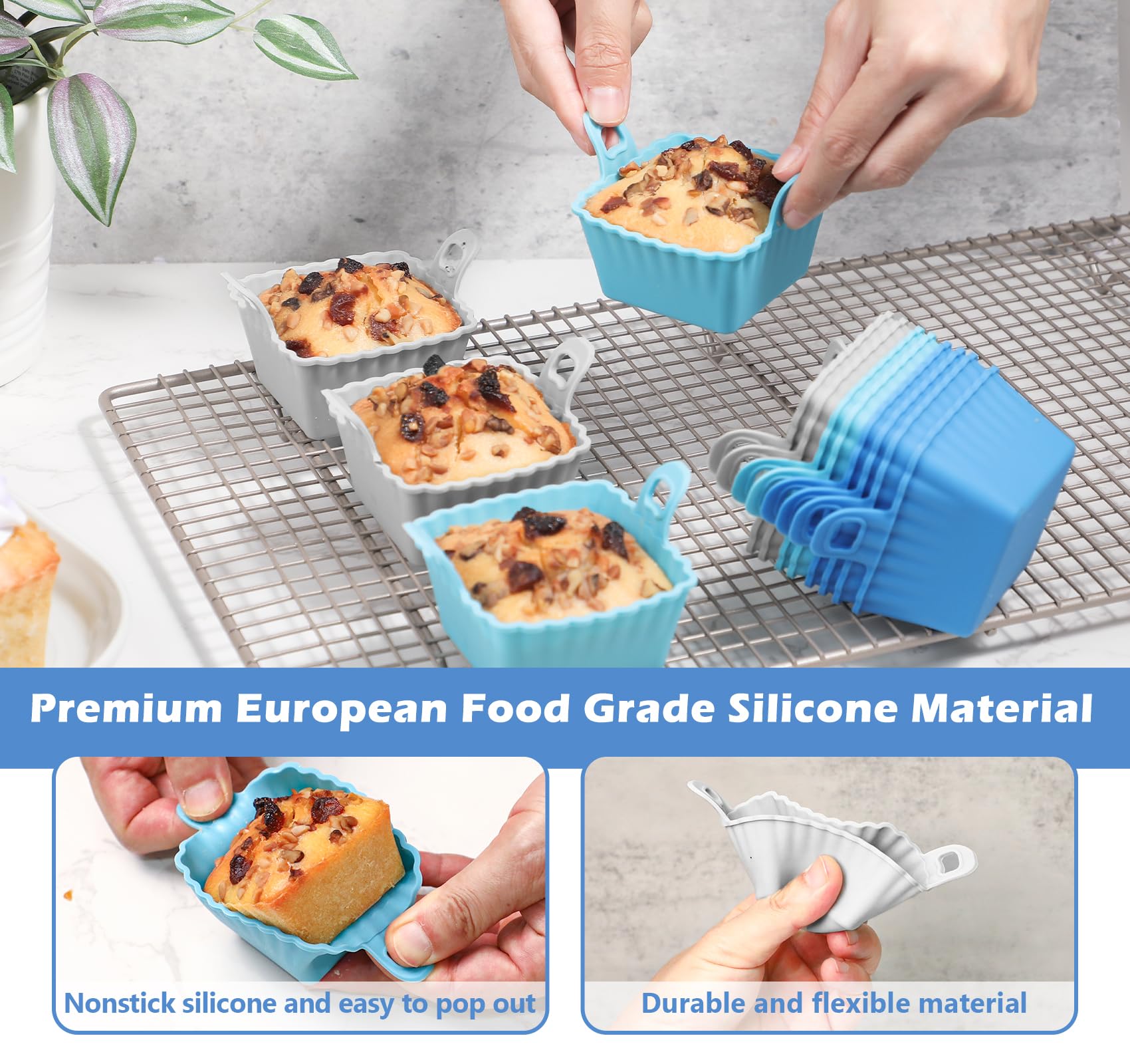 Koluti Reusable Silicone Baking Cups Set of 12, Nonstick Muffin Cupcakes Mold with Double Handle, BPA Free, Mini Square Air Fryer Cupcake Liners, 3 Colors