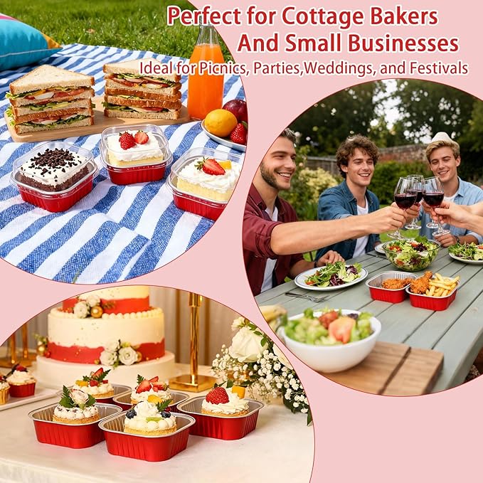 200 Pack 10 oz Square Mini Cake Pans with Lids, Disposable Aluminum Foil Baking Cups for Brownies, Cupcakes, Cheesecake & Catering (Red)