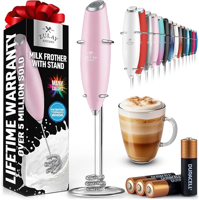 Zulay Kitchen Powerful Milk Frother Wand With Duracell Batteries - Ultra Fast Handheld Drink Mixer - Electric Whisk Foam Maker for Coffee, Lattes, Cappuccino & Matcha - Triple Whisk - Mint Candy