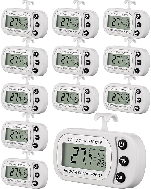 Frienda 12 Pcs White Digital Fridge Thermometer Waterproof Refrigerator and Freezer Max/min Record Function LCD Screen Refrigerator Thermometer with Hook and Magnetic Back for Home (Button)