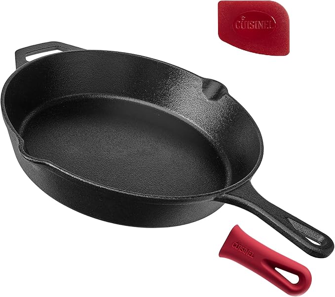 Cuisinel Cast Iron Skillet with Lid - 8"-inch Pre-Seasoned Covered Frying Pan Set + Silicone Handle and Lid Holders + Scraper/Cleaner - Indoor/Outdoor, Oven, Camping Fire, Grill Safe Kitchen Cookware