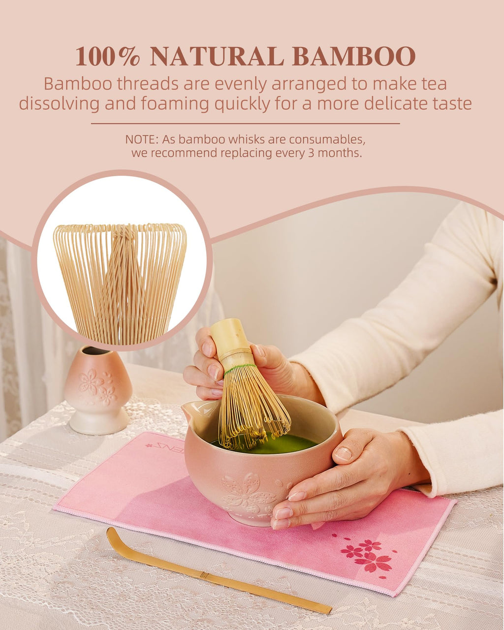 ZENS Premium Matcha Whisk Set, 6pcs Matcha Kit with Matcha Tools, Pink