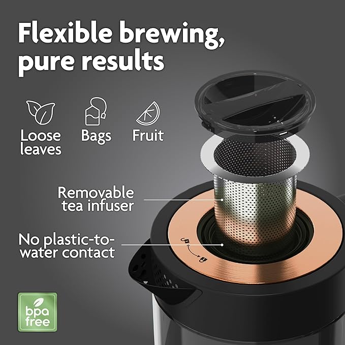 Viante Alba Electric Tea Kettle With Infuser, No Plastic, 1.5L, Black