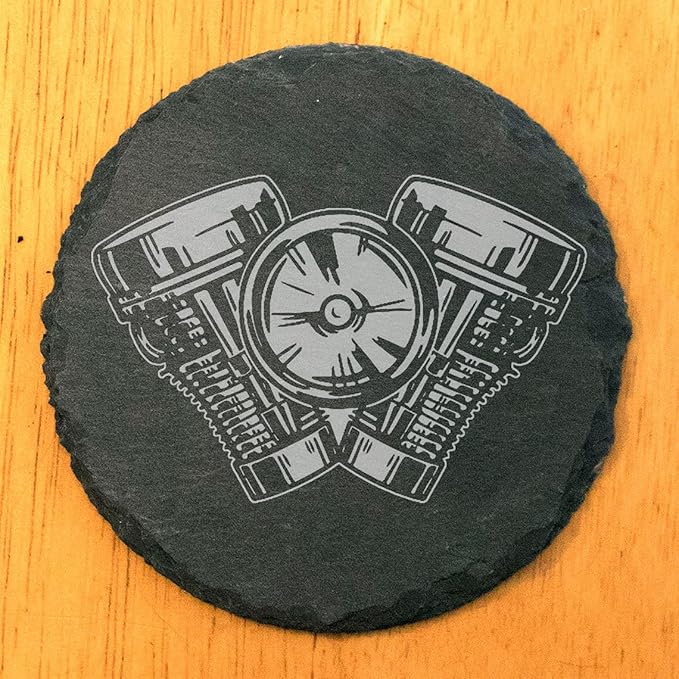 Engraved V-Twin Motorcycle Engine Coasters Set of 5 – Round – USA Made