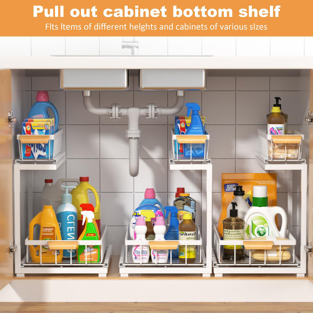 MERATIA Under Sink Organizer 2 Tier, Pull Out Drawer Slides Under Sink Storage for Bathroom Kitchen,Multi-Purpose Drawer Under Cabinet Organizer for Cleaning Supplies (White, Large-1 Pack)