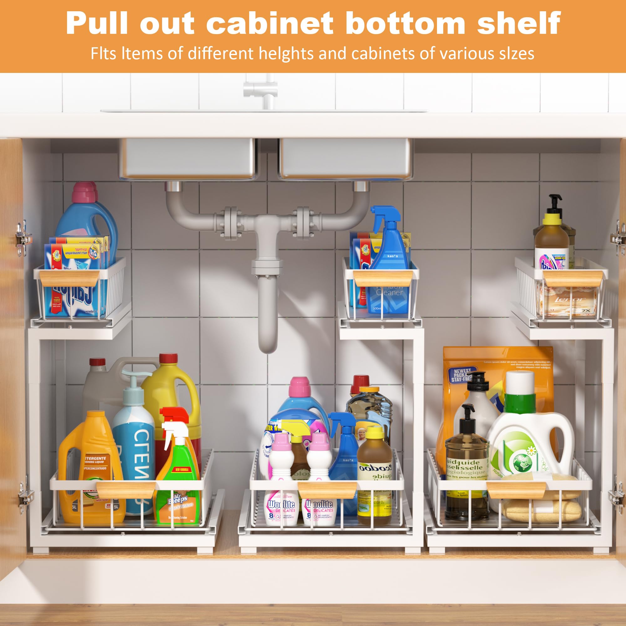 MERATIA Under Sink Organizer 2 Tier, Pull Out Drawer Slides Under Sink Storage for Bathroom Kitchen,Multi-Purpose Drawer Under Cabinet Organizer for Cleaning Supplies (White, Large-1 Pack)