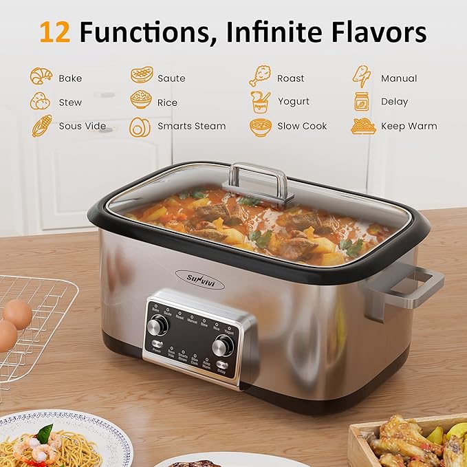 Sunvivi 8 Quart Slow Cooker Roaster Oven, 12 in 1 Programmable Multi-Cooker with Digital Timer, Temp Control, Keep Warm, Removable Non-stick Aluminum Pot & Dishwasher-Safe Glass Lid, Stainless Steel