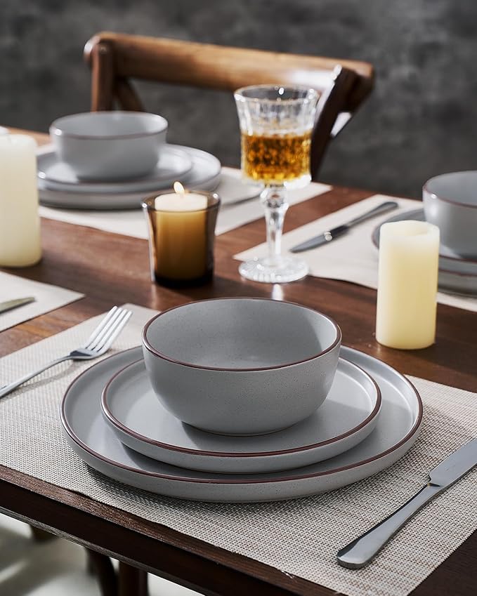 Famiware Mercury 12-Piece Stoneware Dinnerware Set, Light Grey