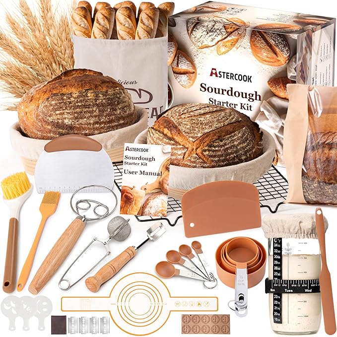 Astercook Sourdough Starter Kit with Round & Oval Banneton Bread Proofing Basket, Starter Jar, Dough Whisk, Scrapers, Stencils, Complete Sourdough Bread Baking Supplies, Fathers Day Gift for Men