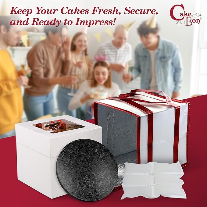 Cakebon 12" Cake Box Drum Insulated Bag Black Round Wrapped 1Pack