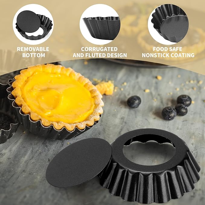 FARQAN 12 pcs Egg Tart Molds, 3" Mini Tart Pans Removable Bottom, Cupcake Cake Muffin Mold Tin Pan Baking Tool, Reusable Quiche Bakeware Carbon Steel for Pies, Quiche, Cheese Cakes, Desserts
