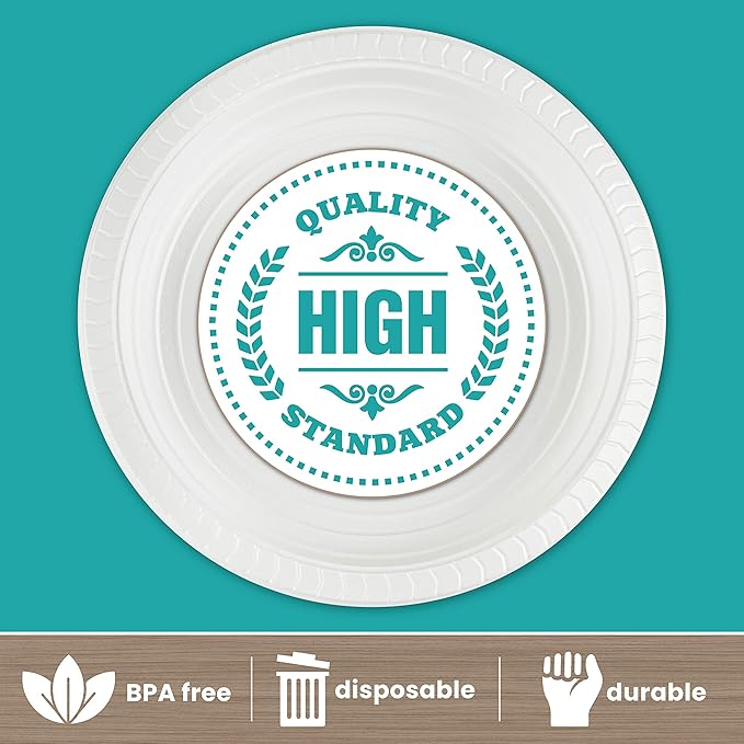 200 Count Round Plastic Plates Microwaveable, Disposable, White
