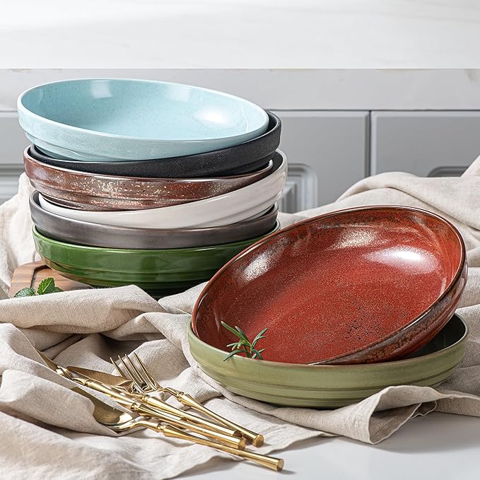 HAPPY KIT 9'' Large Pasta Bowls, 42 Oz, Stoneware Reactive Glaze Salad Bowl Set of 4, Ceramic Serving Bowls for Fruit,Soup,Noodle, Dinner, Scratch Resistant, Rust Red