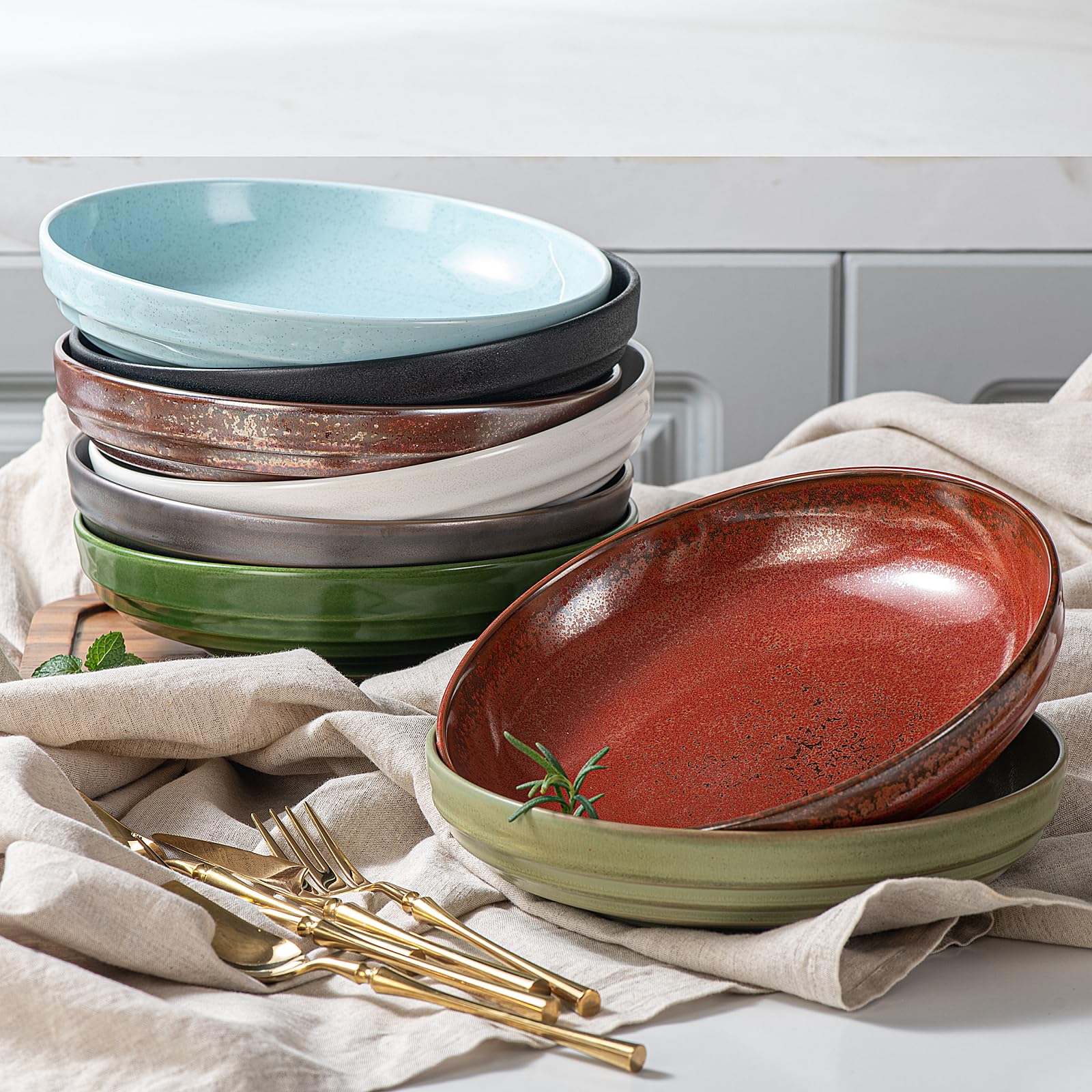 HAPPY KIT Stoneware 9'' Pasta Bowls 42oz Set of 4, Bronze Gray